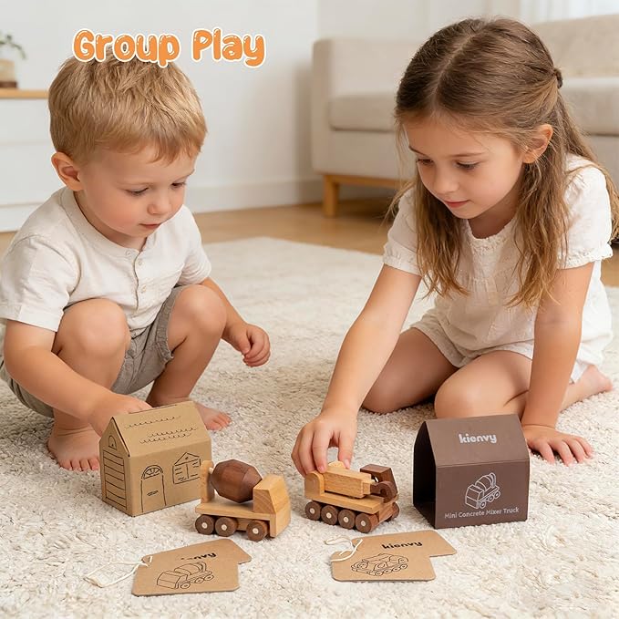 Wooden Toy Cars for 3 Year Old Boys & Girls - Construction Vehicles Set Push Toys for Toddlers, Wood Montessori Car with Rolling Wheels, Natural Wood Toys (Crane & Concrete Mixer Truck)