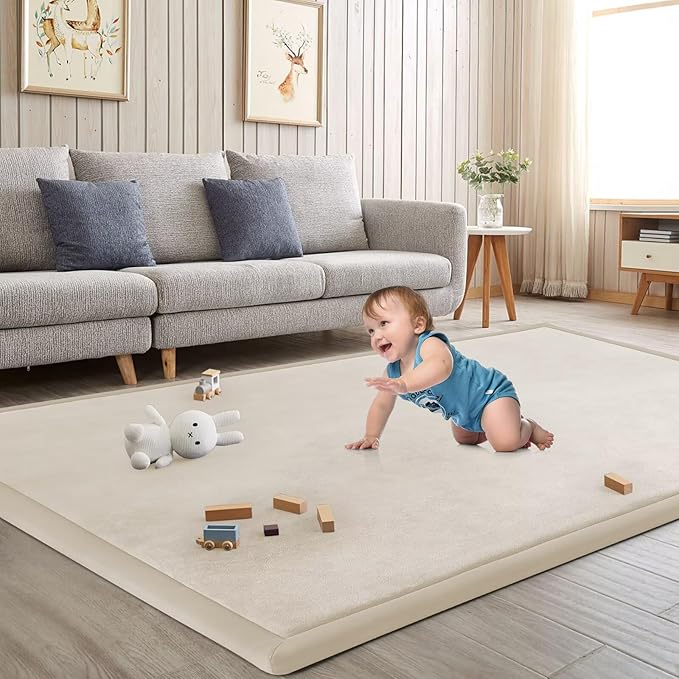 Baby Play Mat for Floor Nursery Rug Muscle Mat Area Rug Playroom Rug 59"x79" Playpen Mat Memory Foam 1.3" Thick Crawling Mat for Babies,Toddlers, Infants, Kids,A Beige
