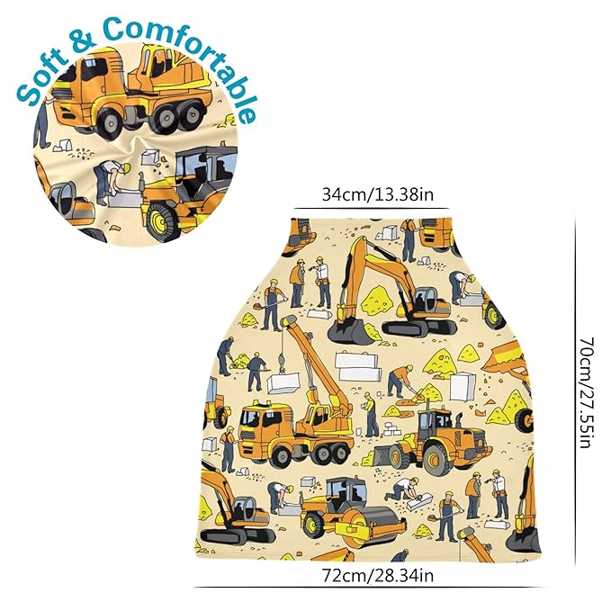 Construction Car Building People Pattern Stretchy Baby Car Seat Cover Infant Canopy Nursing Covers Breastfeeding Cover Breathable Windproof Winter Scarf for Boys Girls