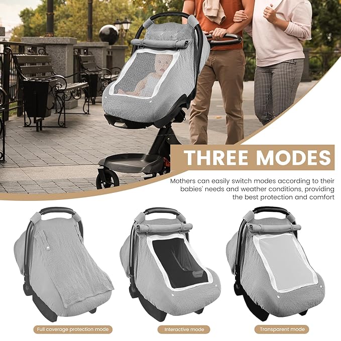 Baby Car Seat Cover, Infant Car Seat Cover for Boys Girls, Extra Large Mesh Window, Breathable Muslin Cotton, Lightweight Infant Windproof Carrier Canopy for Sun, Bug and Comfort Protection