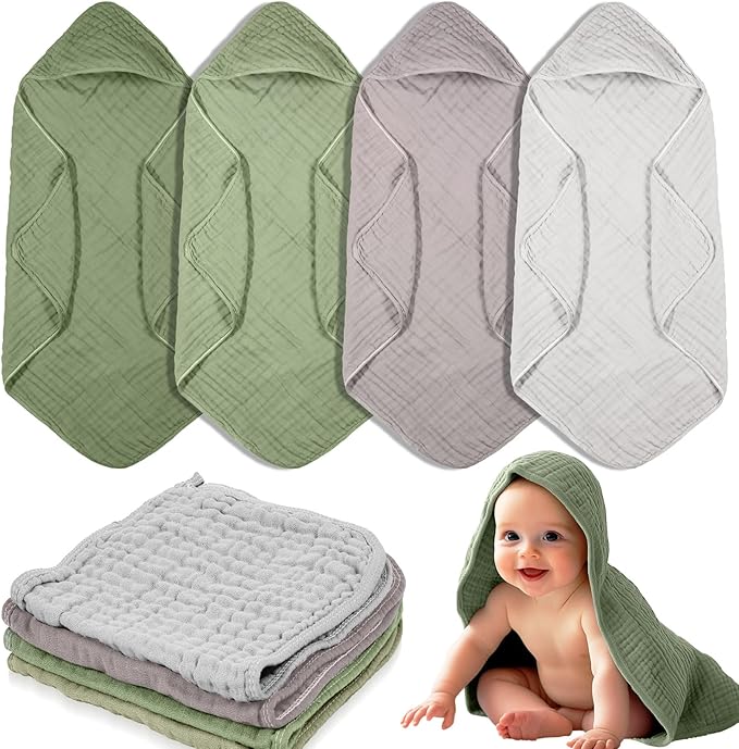 VitalCozy 8 Pcs Baby Muslin Hooded Bath Towels and Washcloths, Muslin Hooded Baby Towels Absorbent Blankets for Gift Newborn Infant Shower (Morandi Color)