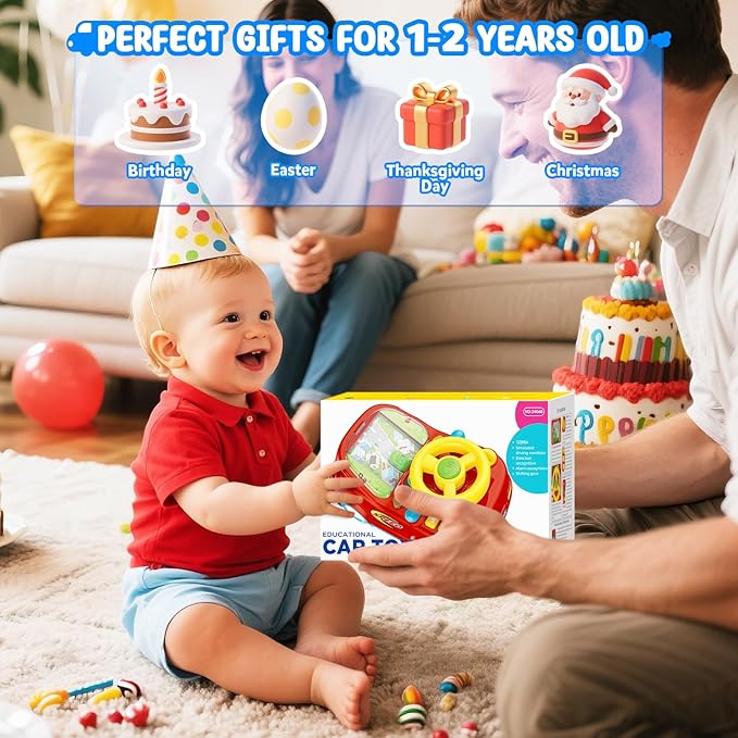 Toys for 1 Year Old Boy Gifts - 2-in-1 Toddler Push Car & Musical Racing Adventure Steering Wheel Driving Game, Interactive Simulated Driving Car for Baby 12-18 Months, Birthday Gift Ages 1-2,Dark Red