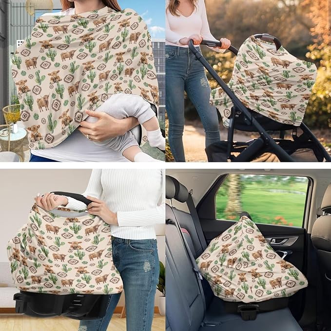 Nursing Carseat Canopy Pillowcase Breastfeeding Cover for Infant Girl & Boy, Highland Cow Cactus Stretchy Car Seat Covers for Babies, Shower Gifts