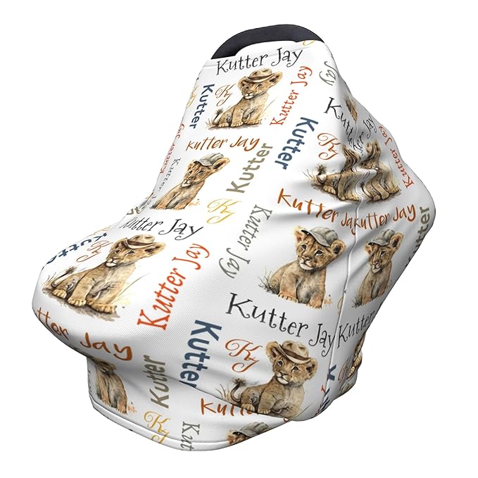 Personalized Lion Baby Car Seat Cover with Name,Multi-Use Canopy for Nursing, Strollers,Shopping Carts,Customized Breastfeeding Cover, Full Privacy,Infant Stroller Cover