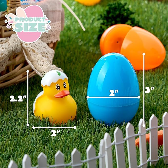 JOYIN 24 Pcs Prefilled Easter Eggs with Rubber Ducks, Variety Duckies for Easter Egg Hunt, Kids Basket Stuffer, Bath Toy Party Favors, Classroom Prize Supplies