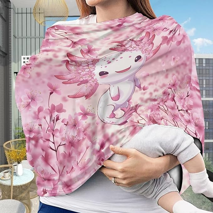 Biyejit Axolotl Pink Floral Nursing Cover for Newborn Breastfeeding Multi Use Infant Stroller Canopy Unisex Baby Car Seat Cover High Chair Cover Shopping Cart Cover for Baby Boy Girl