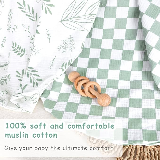 Hooyax Muslin Baby Lounger Cover 2 Pack - 100% Breathable Cotton Soft Infant Lounger Covers, Fits Most Standard Newborn Loungers & Pillows (Green Checker+Leaf)