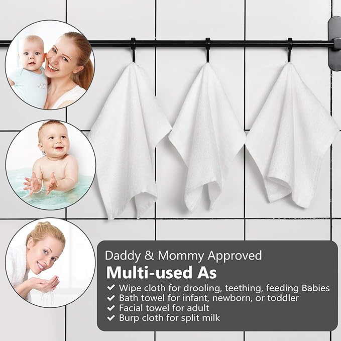 12 Pack Baby Washcloths Bulk for Newborn, Extra Soft Face Bath Towel for Infant Toddler, Absorbent Kids Wash Rag for Body Hand, 70% Rayon Derived from Bamboo, 30% Terry Cotton, 10”x10”, White