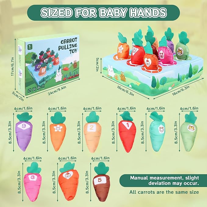 Montessori Toys for 1 Year Old, 10 PCS Plush Carrot Play Kit with Color Shape Number Matching, Pull-Out Soft Baby Sensory Toy Fine Motor Skills Toddler Learning Toys for 6-12 Months Boys Girls Gifts