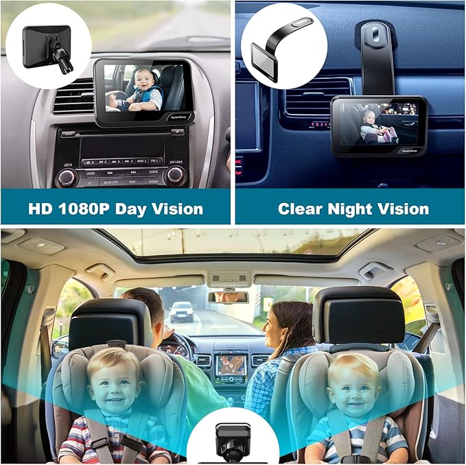 Baby Car Mirror, 4.3'' HD Night Vision Function Mirror Display, Wide View Baby Car Camera Monitor 1080P Rear Facing Monitor, 360 Rotation Backseat Camera Black YB-405CA