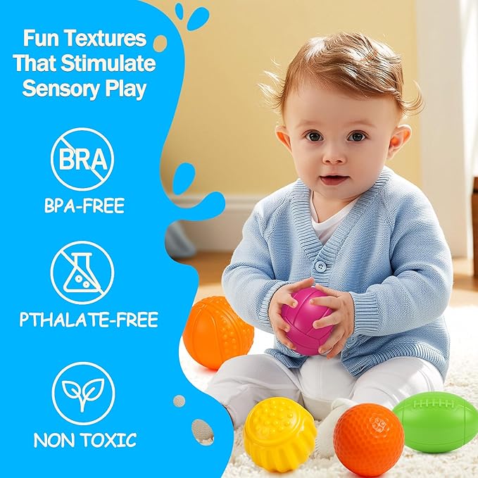 Sensory Balls for Toddlers 1-3, Baby Bath Toys 6-12 Months, 6PCS No Hole Textured Soft Balls, Safe Teething Toys for Boys & Girls, Montessori Gifts, 2025