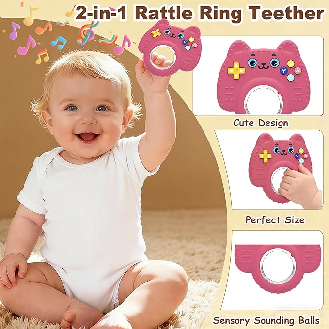 Teething Toys for Baby, Sensory Baby Chew Toy, Rattle Teether Toys for Babies 0-3-6-12 Months, Silicone TV Remote Control Shape for New Baby Gift (Pink)