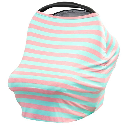 JLIKA Baby Car Seat Covers - Stretchy Infant Canopy and Nursing Cover for Breastfeeding Newborns Infants Babies Girls Boys Best Shower Gift Maternity Apron Infinity Scarf carseats (Aqua Pink Stripe)