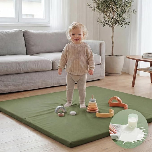 Huloo Sleep Baby Play Mat 50x50 Inches,1.3" Thick Padded Waterproof Floor Cushion & Playpen Mat with Vegan Leather,Non-Slip & Non-Toxic Nursery Rug for Infants, Toddlers & Kids(Green)