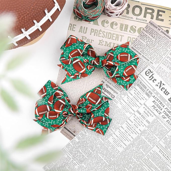 YanJie 2pcs 4'' Football Hair Bows Clips Glitter Ribbon Rugby Hair Clips Green Sports Theme Party Hair Accessories Baby Girl Football Outfit