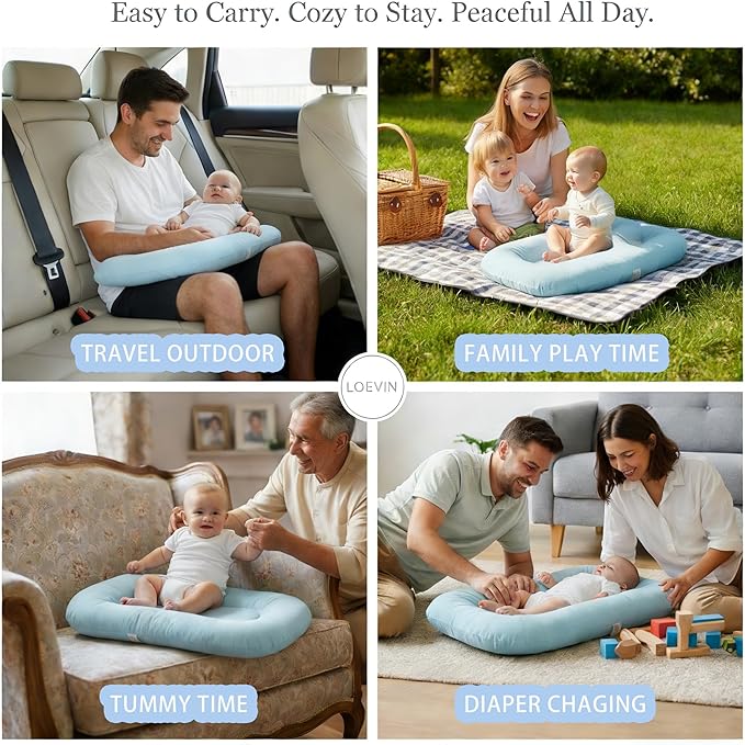 Baby Lounger for Newborn,Baby Play Mat Soft Cotton Breathable for Playtime & Relaxation,Flat Babies Essentials Gifts,0-12 Months Home Travel(Blue Bean)