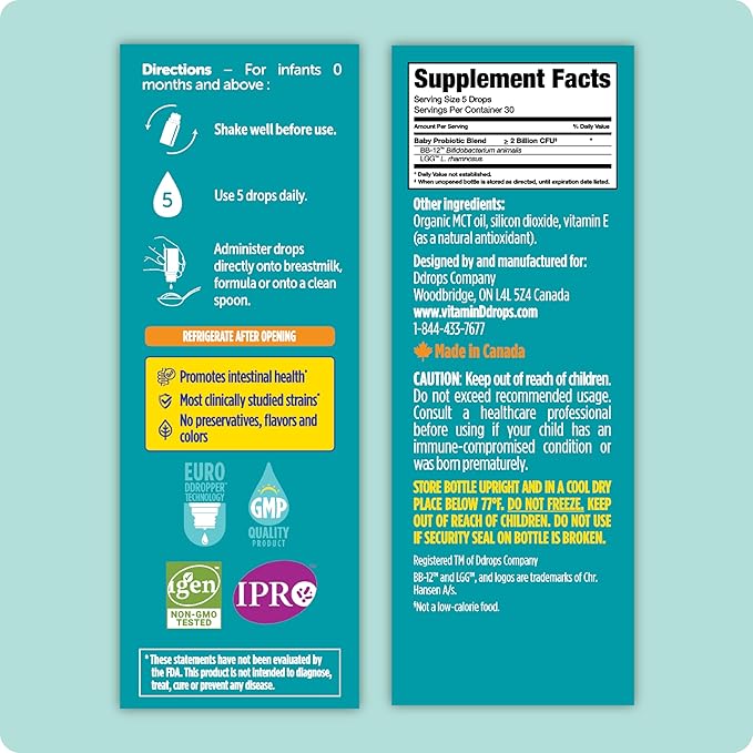 Ddrops Baby Probiotic BB-12 + LGG Dual Support Liquid Drops - 30 Servings -Helps to Support Immune and Digestive Health - No Artificial Preservatives, Flavors or Colors