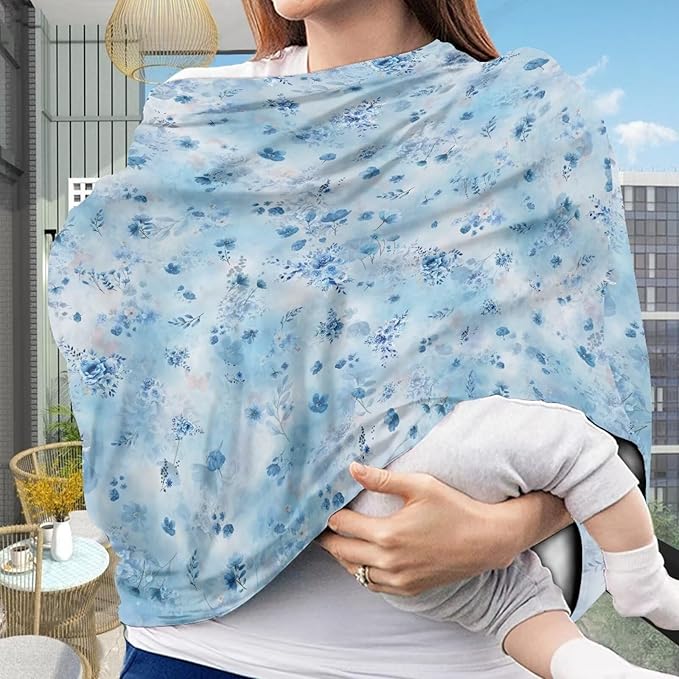 LedBack Baby Car Seat Cover for Babies, Blue Florals Car Seat Breastfeeding Cover for Boys Girls Breathable Baby Carseat Canopy