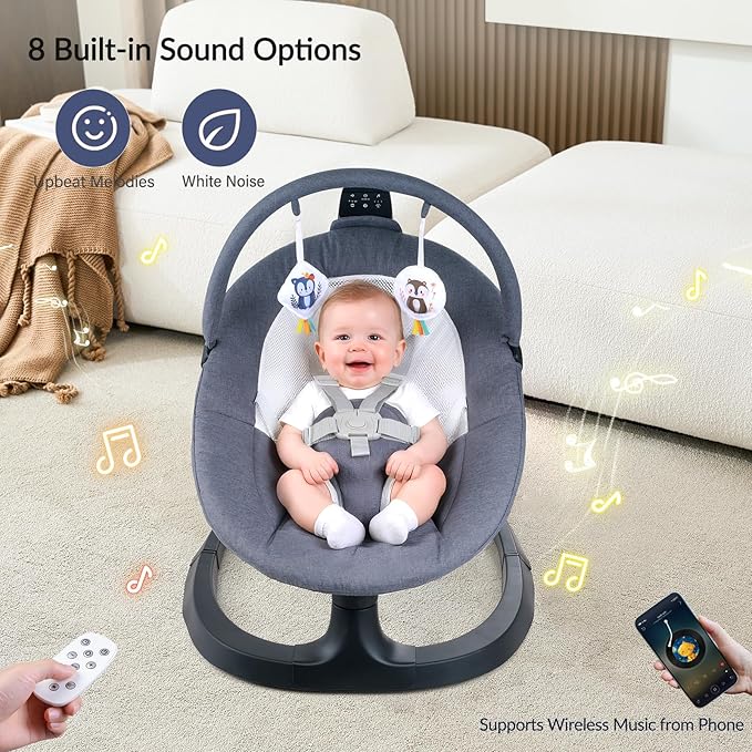 VaVaSoo 2-in-1 Baby Swing & Toddler Chair, Dual-Arm Support Rocking Seat up to 66 lbs, 3 Motion Modes, 8 Sounds, Touchscreen & Remote Control, Adjustable Recline, Dark Grey