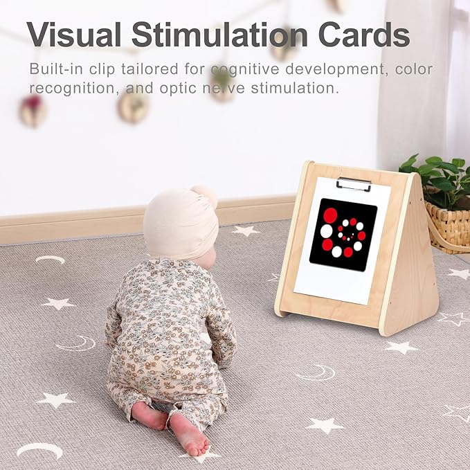 Baby Double-Sided Tummy Time Mirror w/ 2 Package High Contrast Visual Stimulation Cards, Sensory Activity Montessori Toys for 6 Months+ Boys Girls