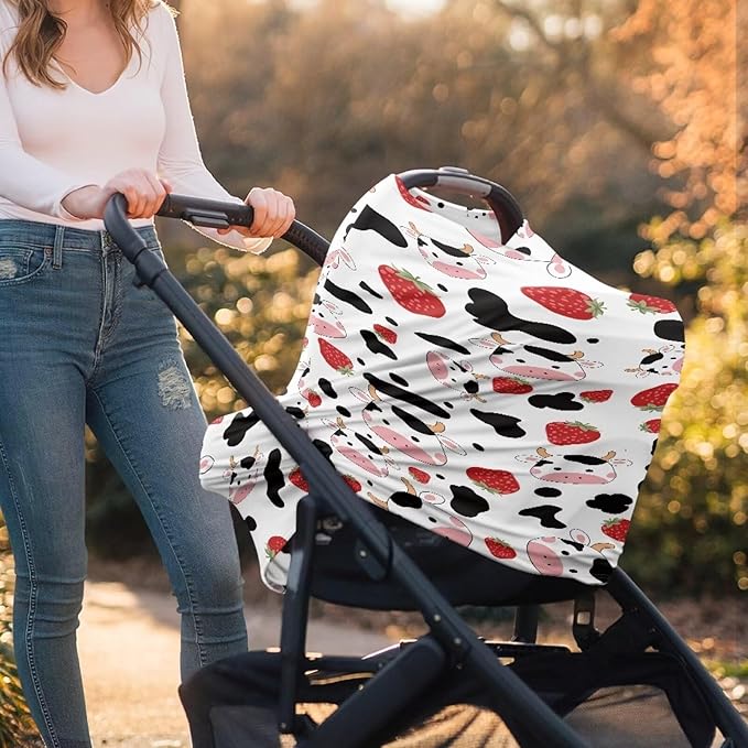 Wanyint Cow Strawberry Print Stretchy Nursing Scarf Car Seat Canopy Baby Car Seat Cover, Baby Breastfeeding Stroller High Chair Shopping Cart Cover, Breathable Nursing Cover for Boys Girls