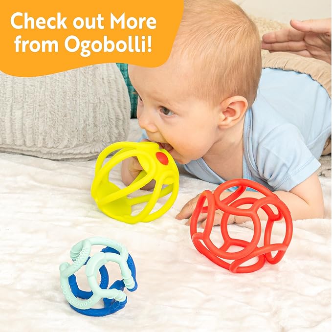 OgoBolli Gummi Teether Ring Textured Sensory Ball Toy for Babies & Toddlers - Stretchy, Soft Non-Toxic Silicone - Boys and Girls Age 6+ Months - Blueberry
