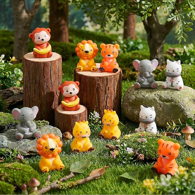 Blueweenly 24 Pcs Rubber Jungle Safari Animal Bulk Zoo Animal Figures Toys Wild Jungle Birthday Party Favors Zebra Elephant Monkey Lion Giraffe Bath Toys for Kids Birthday Baby Shower Classroom Prize
