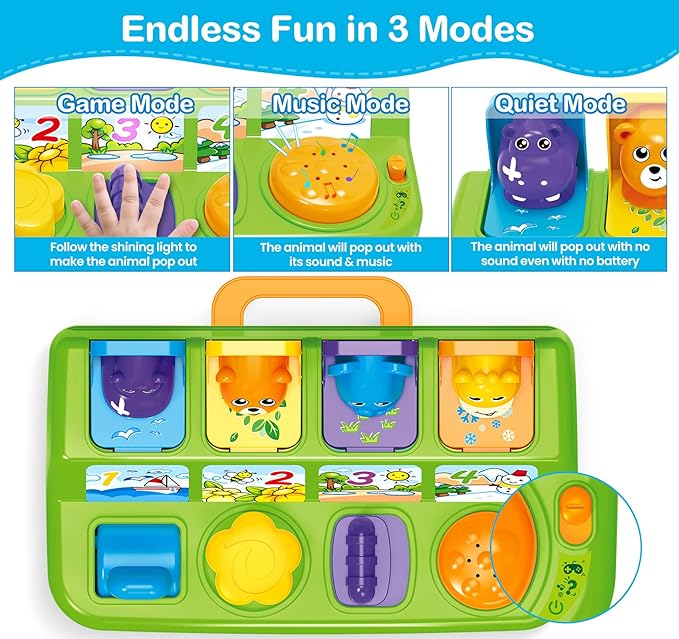 Ellinjan Musical Pop-Up Cause and Effect Toys with Light & Music for 1-3 Year Olds, Baby Interactive Toy with Animal Sounds, Ideal Gifts for Babies Boys Girls
