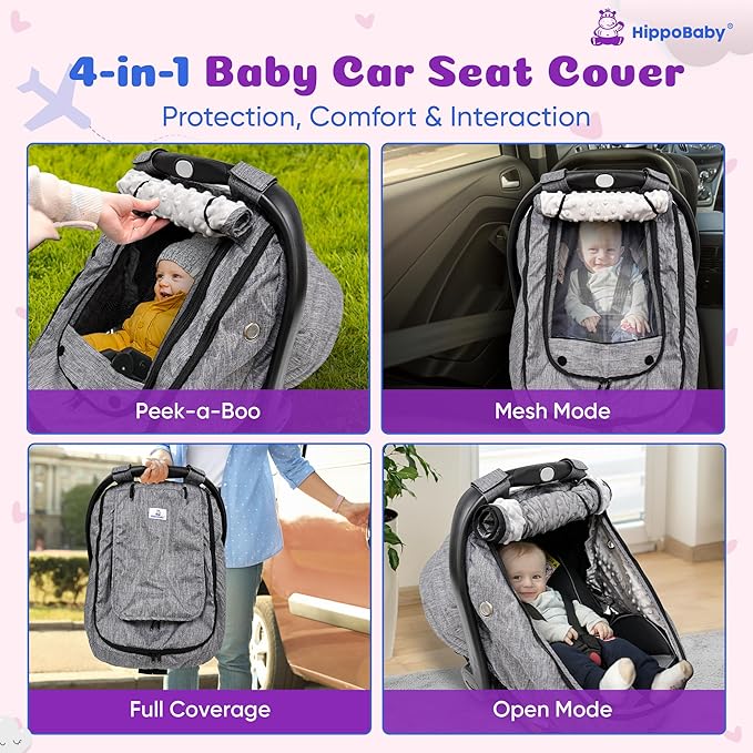 HippoBaby Waterproof Baby Car Seat Cover | Windproof Carseat Cover for Babies | Infant Car Seat Cover for Boys, Girls & Carseat Covers Baby Girl | Universal Fit (Black)