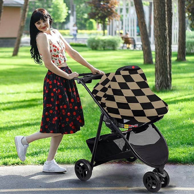Retro Black Checkered Baby Car Seat Covers Geometric Square Plaid Carseat Canopy Soft Infant Stroller Cover Nursing Breastfeeding Covers for Girls Boys Newborn Fit Summer Spring Autumn