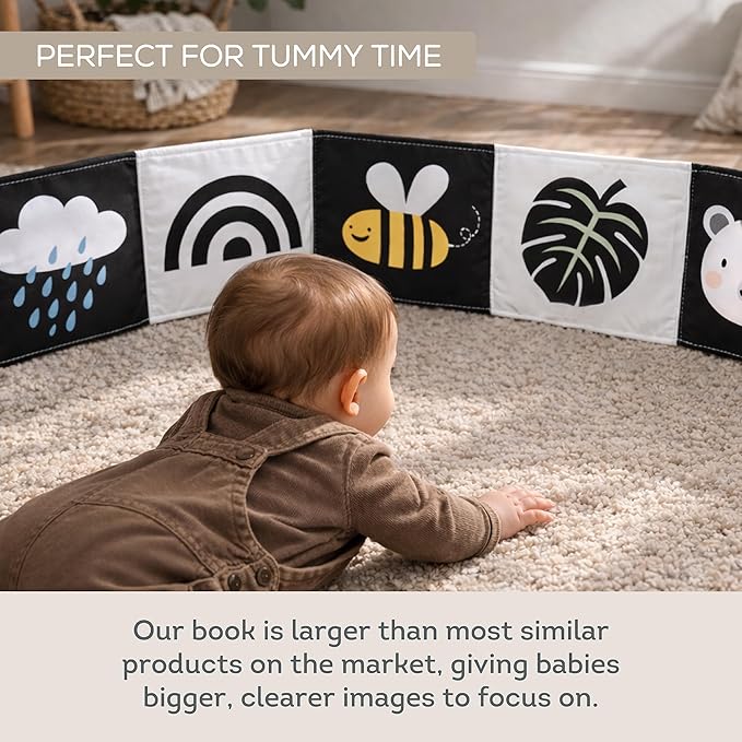 Taf Toys Newborn Soft Activity Book Black & White High Contrast Baby Book Infant Sensory Toys Tummy Time Soft Cloth Books for Babies Textured Fabric Crinkling Shapes Patterns 0-12 Months Newborn Toys