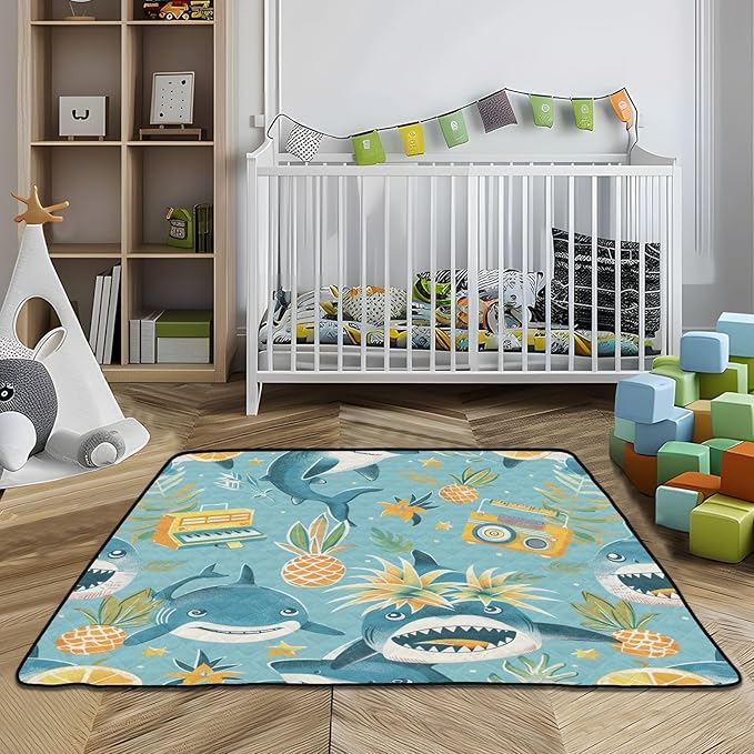 Pineapple Sharks Baby Play Mat 50" x 50", Playmat for Playpen, Thicken Soft Padding Foam Crawling Mat for Babies Toddlers Infants