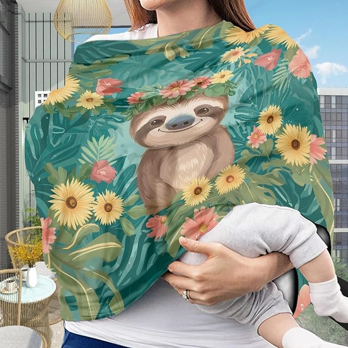 Wanyint Sloth Floral Print Car Seat Covers Canopy Covers for Boys Girls,Breathable Car Seat Covers Canopy-Breathable Soft Nursing Cover for Breastfeeding