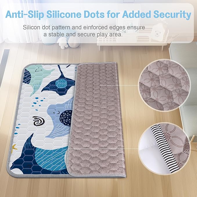 Omzer Baby Play Mat, 47x47 Inch Thick & Soft Playmat for Playpen, Non-Slip Floor Mat for Crawling Infants & Toddlers with Safety Silicone Backing, Machine Washable - Blue