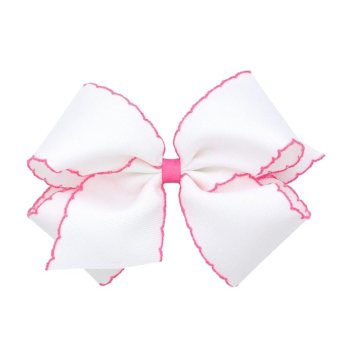 Wee Ones Girls' Classic Grosgrain Moonstitch Edge Hair Bow, No-Slip Hair Clip, Handmade, White with Hot Pink, King