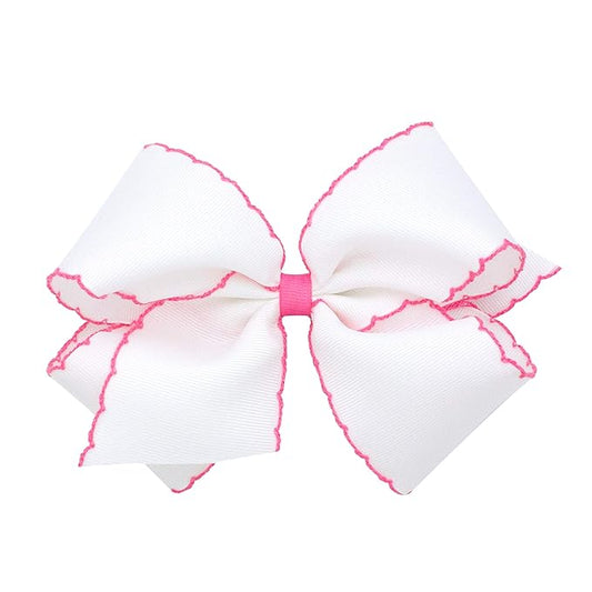 Wee Ones Girls' Classic Grosgrain Moonstitch Edge Hair Bow, No-Slip Hair Clip, Handmade, White with Hot Pink, King