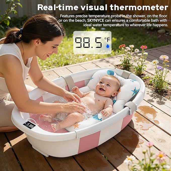 Collapsible Baby Bathtub for Newborn to Toddlers 0-36 Months, Large Baby Tub with Thermometer & Cushion, Easy Setup Foldable Travel Infant Bathtub, Newborn Babies Boy Girl Bath Tubs Pink
