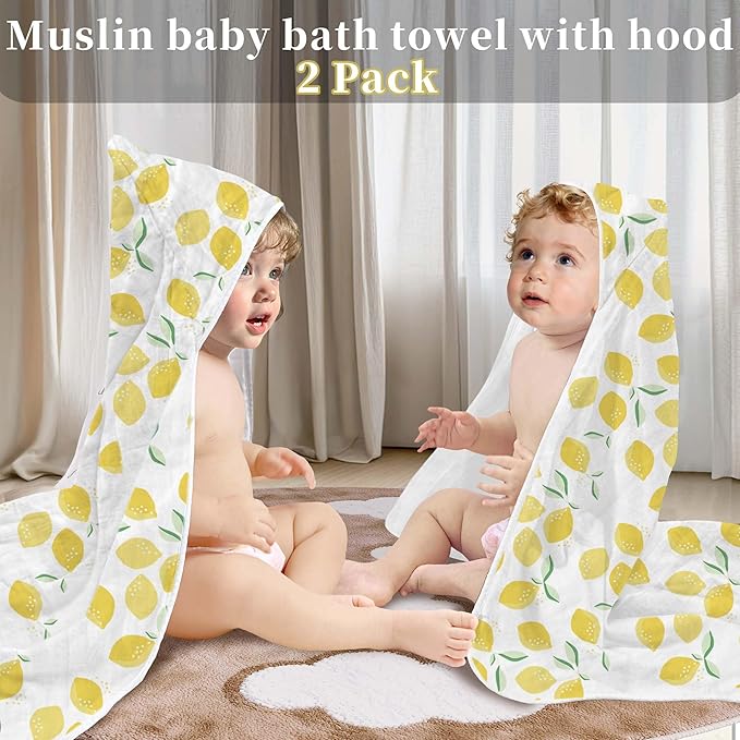 VOOVA & MOVAS Super Soft Infant Large Bath Essentials, Thick Unisex Baby Towels 100% Muslin Cotton, 32 x 32 Inches,Durability,Suitable for Newborn 0-18 Months Yellow Lemon Print Gift Set