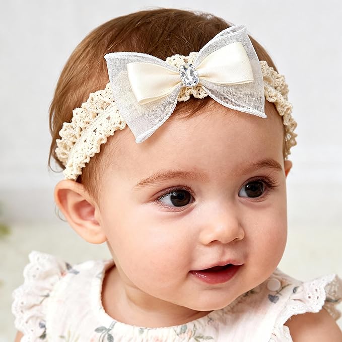 Baby Girls Hairbands bows Headband Stretchy Soft Flower Hairband Toddler Handmade Headbands with Pearls Elastic Headband for Infant Toddler Girl Hair Accessories (Diamond Bow, Elastic)