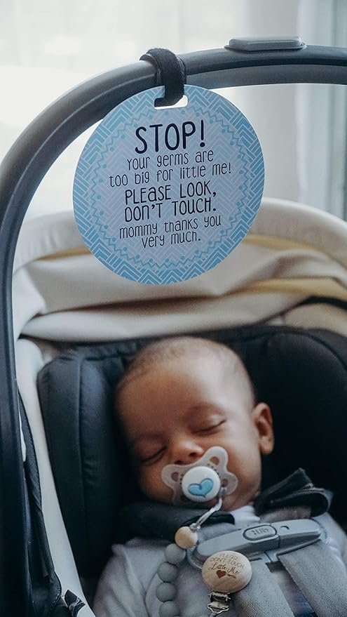 Three Little Tots Baby No Touch Sign - No Touching Baby Car Seat and Stroller Sign - Blue, Flower Style - Plastic, Small Signage (12 x 18) inch - Personal Use