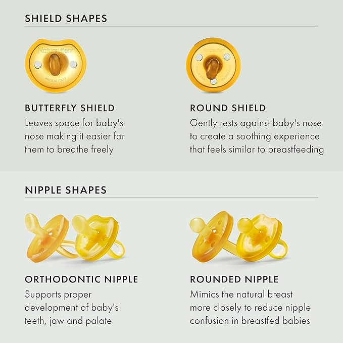 Natursutten 2-Pack Natural Rubber Pacifiers - Safe & Soft BPA-Free Pacifier for Breastfeeding Babies, Made in Italy, Butterfly Shield Round Nipple, Newborn 0-6 Months