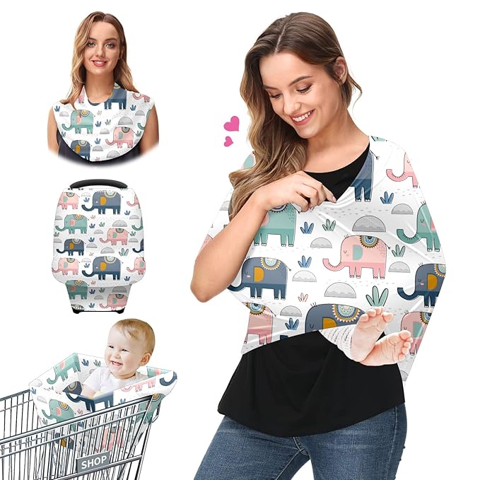 Baby Car Seat Stroller Covers Cute Elephants Nursing Cover Breastfeeding Scarf Soft Breathable Stretchy Coverage Carseat Canopy Cover for Boys and Girls Soft Breathable Multi Use
