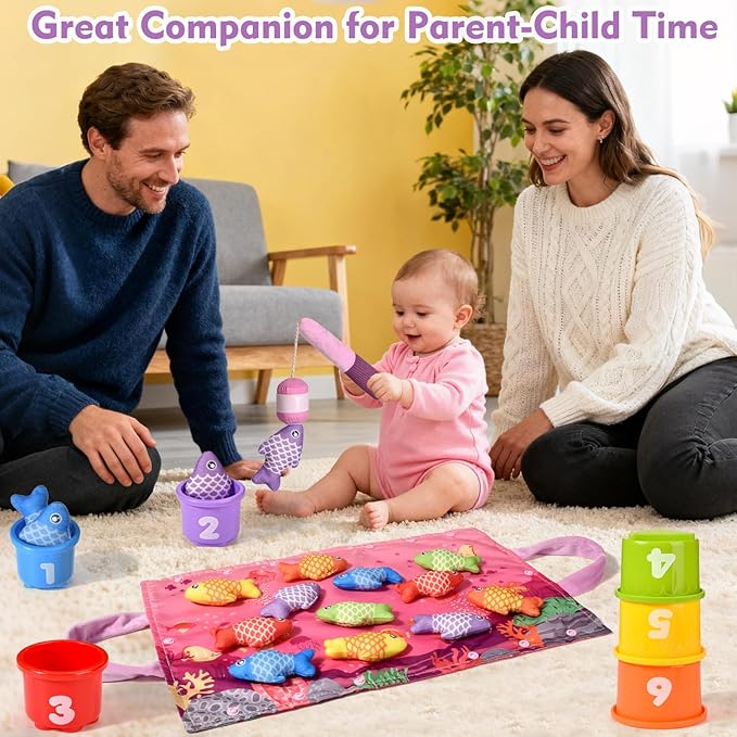 Montessori Toys for 1 Year Old Girl Gifts, Pink Cloth Fishing Toy for Toddler 1-3, Fine Motor Skills Toy Sorting Learning Baby Toys 6-12-18 Months, Toddler Toys for Baby Easter Gifts