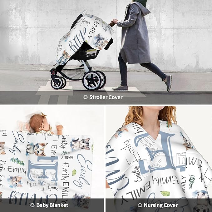 Personalized Baby Car Seat Canopy with Name Custom Minky Cat Car Seat Covers Nursing Cover for Breastfeeding Multi-Use Cover Infant Carrier Carseat Winter Cover for Newborn Girls Boys