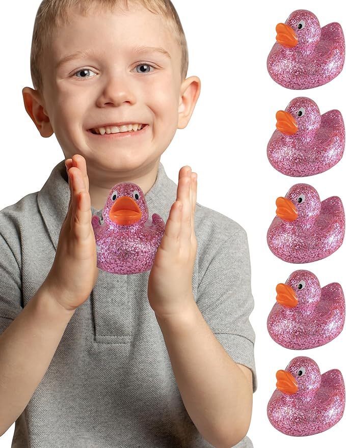 Alpi Glitter Ducks – Set of 5 Fun & Sparkly Rubber Ducks & Bath Toys - Decorative, Collectible, and Great for Parties, Gifts & Bath Time (Pink)