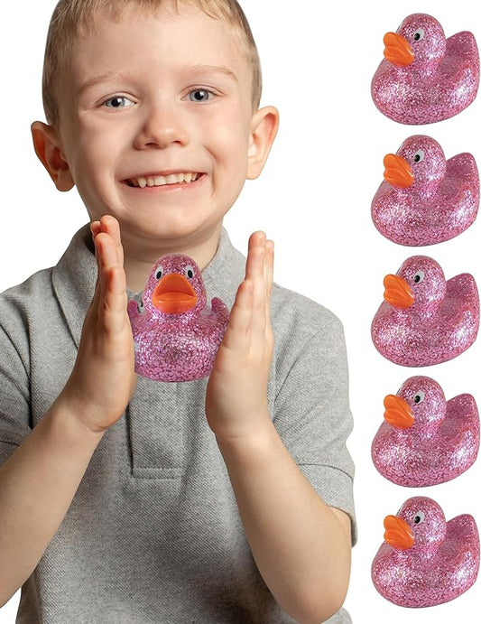 Alpi Glitter Ducks – Set of 5 Fun & Sparkly Rubber Ducks & Bath Toys - Decorative, Collectible, and Great for Parties, Gifts & Bath Time (Pink)
