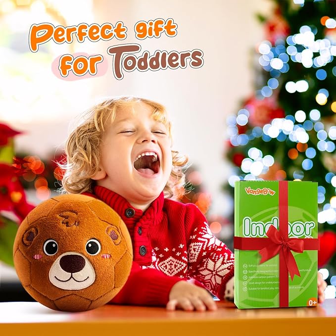 VangeBow Silent Indoor Soccer Balls for Toddlers 1-3, Inflatable Soft Plush Baby Toddler Soccer Ball Toys Gifts for 1 2 3 4 5 Year Old Boy Girl First Birthday Gift (Bear, Pump Include)