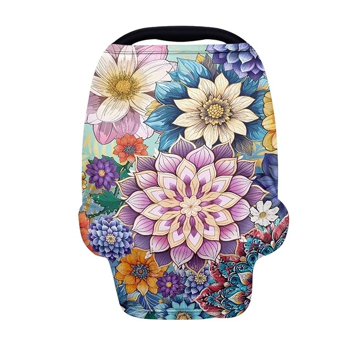Mandala Flower Car Seat Covers Multi-Purpose Decorative Pram Dust Protector Breastfeeding Scarf Durable Stroller Canopy Covers Washable Breastfeeding Shawl