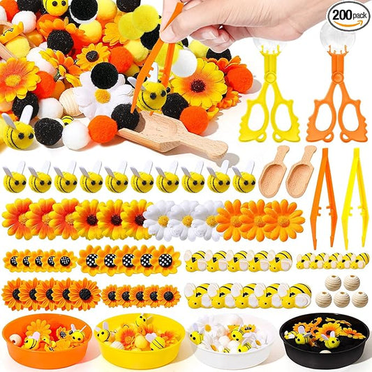 172 Pcs Sunflower Sensory Bin Filler Spring Summer Bee Honeycomb Counting Sorting Sensory Bin Items Fine Motor Sunflower Counts for Easter Day Spring Summer Sorting Counting Decor