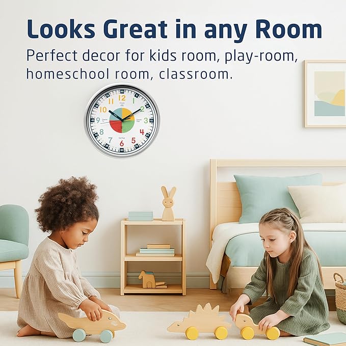 OWLCONIC Clock for Kids – Educational Analog Learning Wall Clock, Non Ticking Teaching Clock for Classroom & Homeschool, Silent Kids Bedroom Décor Multicolor
